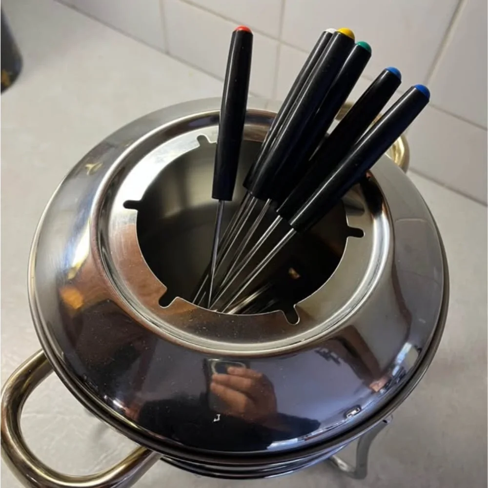 Tools of The Trade 2qt Stainless Steel Fondue Set with colorful forks
